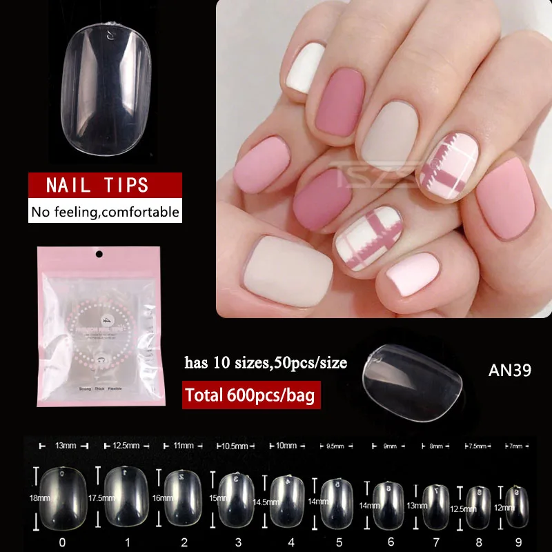 500pcs/bag Oval Ballerina Coffin Almond Square False Nail Tips Manicure ABS Transparent Full Cover Fake Nails