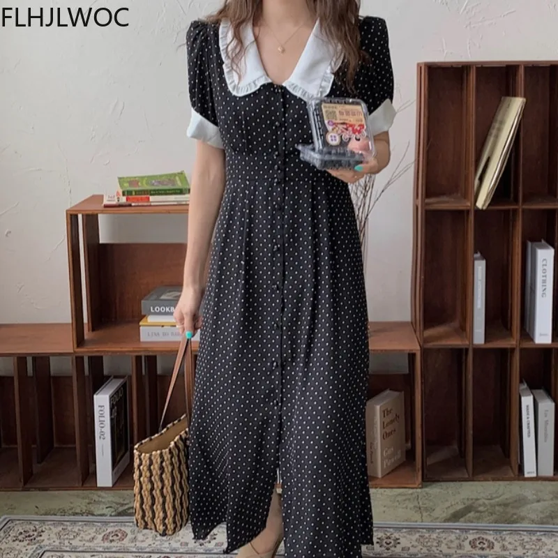 

Женское длинное платье-рубашка в горошек, винтажное однобортное Платье макси с воротником «Питер Пэн», модная одежда в Корейском стиле