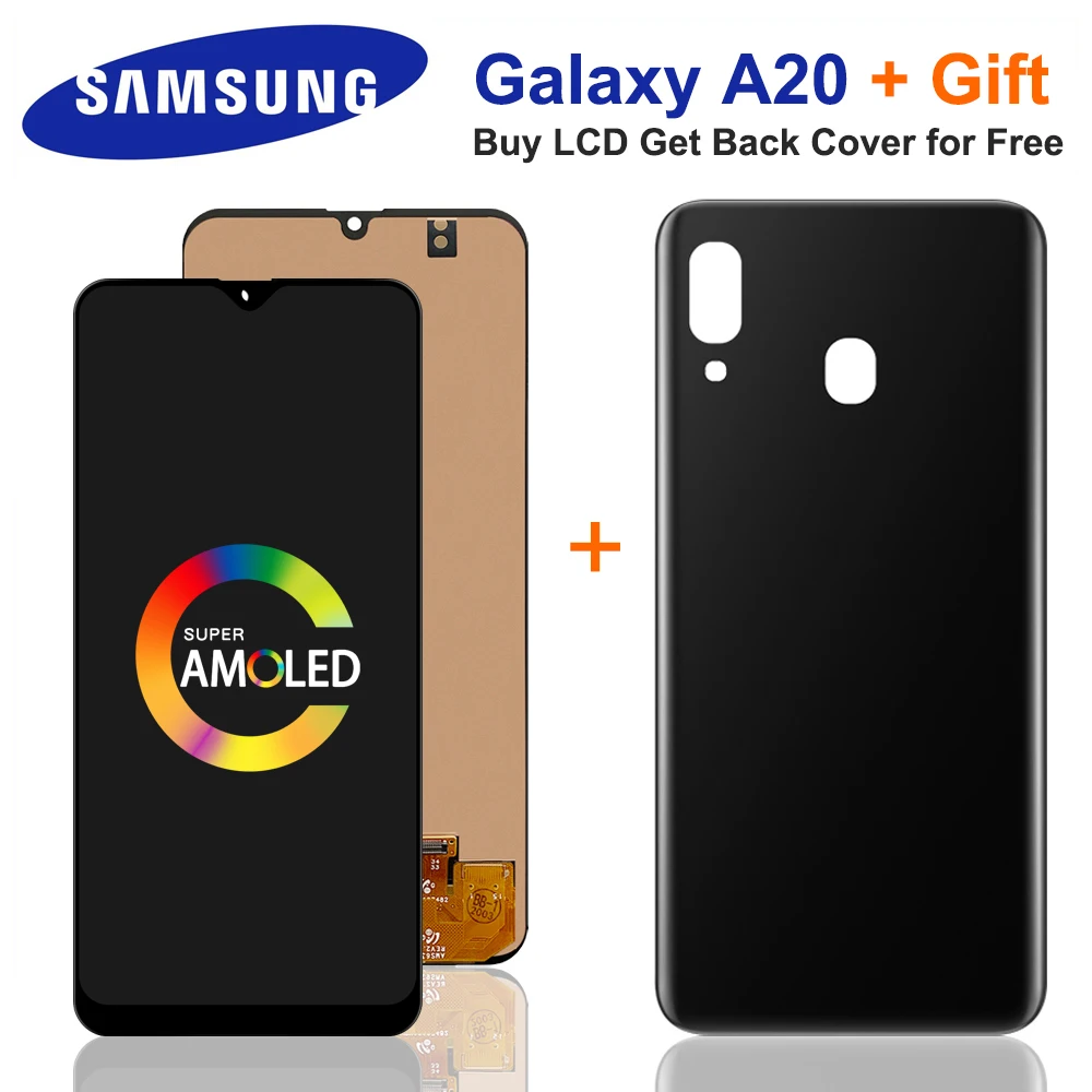 Pantalla t&aacute;ctil LCD Super AMOLED de 6,4 pulgadas para Samsung Galaxy A20, A205, SM-A205F, con cubierta de bater&iacute;a A20, A205FN, A205GN-0