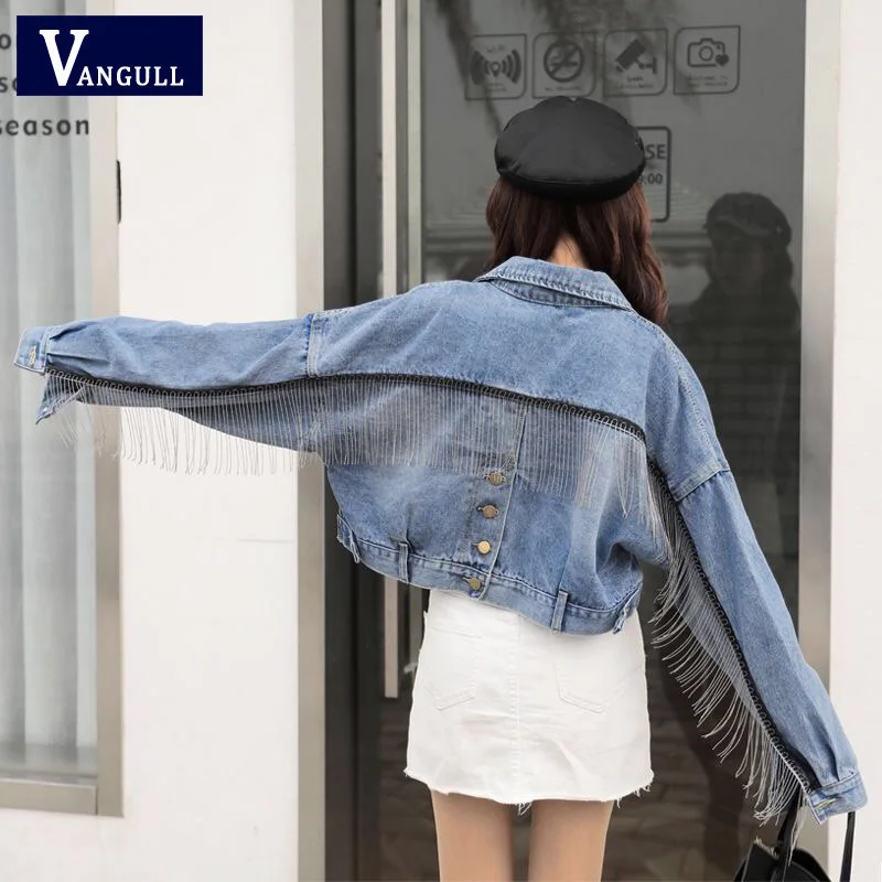 

Vangull Women Bat Sleeve Tassel Short Loose Burr Denim Jacket Female Fashion Oversize Outwear 2019 Autumn Streetwear Jean Coat