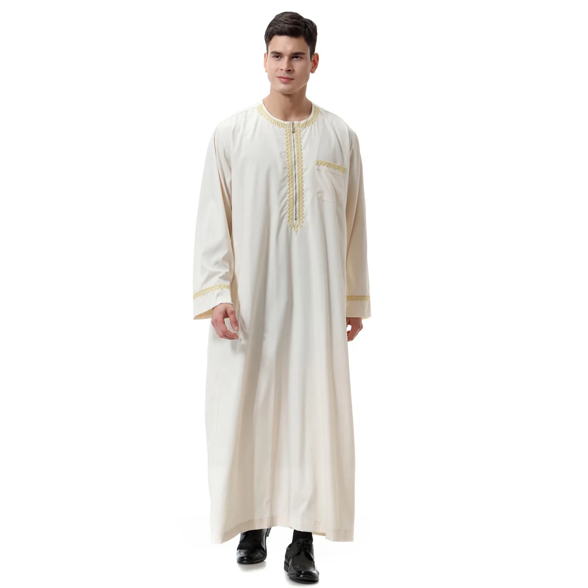 2021 Round Neck Muslim Robe Arab Male Thobe Embroidery Solid Arabic Arabia Eid Turkey Abaya Male National Islamic Dressing Men