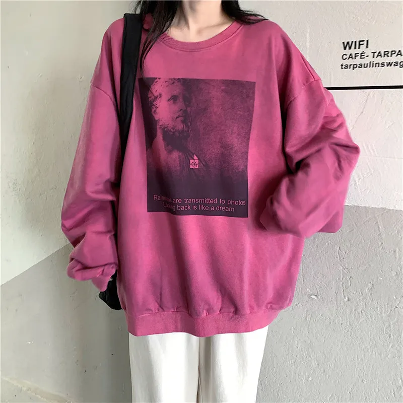 

Harteen Ретро грязеокрашенные старые Модные свитшоты оверсайз с принтом ползунки весна осень тонкий o-образный вырез длинный рукав женская оде...