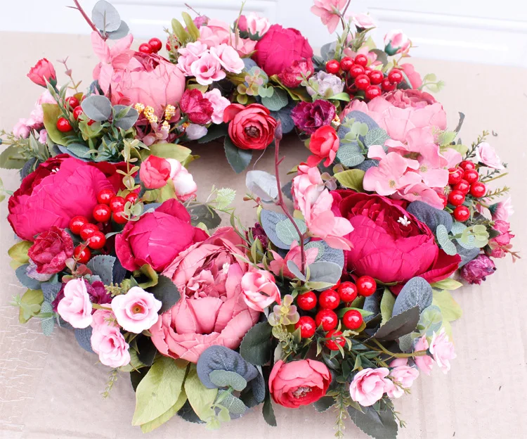Christmas Wreath Artifical Flowers Fall Red Floral Door Decoration Front Indoor Wreaths Handmade Rattan | Дом и сад