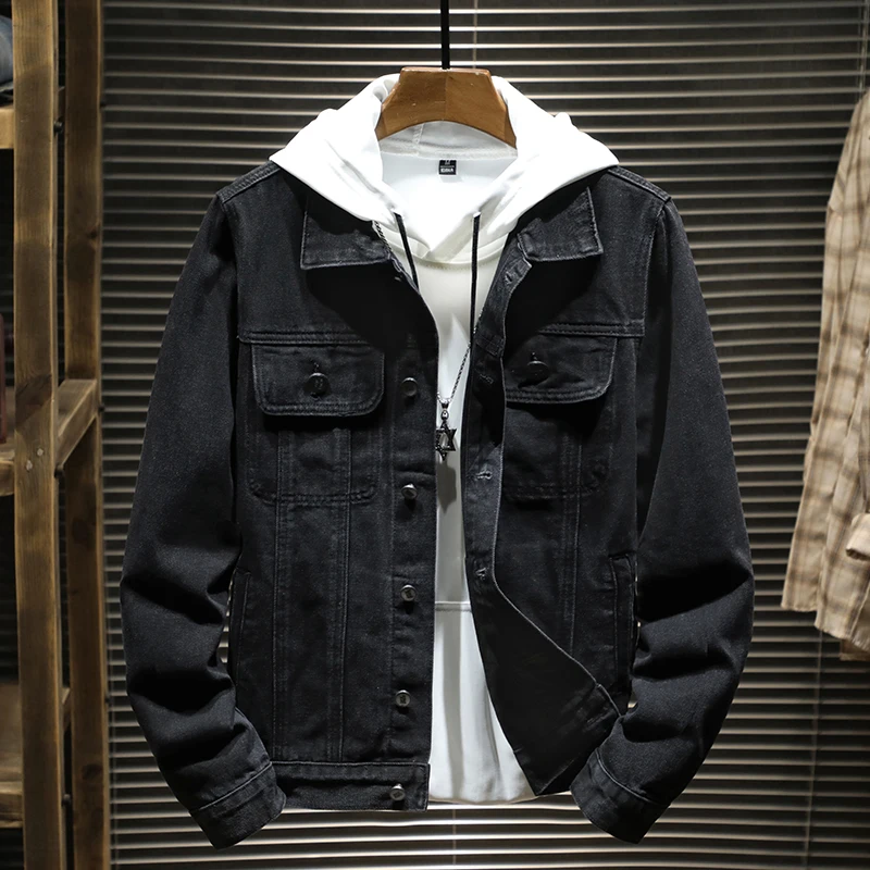 

Осенняя брендовая черная джинсовая куртка SHAN BAO 2021 в классическом стиле, модная повседневная приталенная куртка для молодых мужчин
