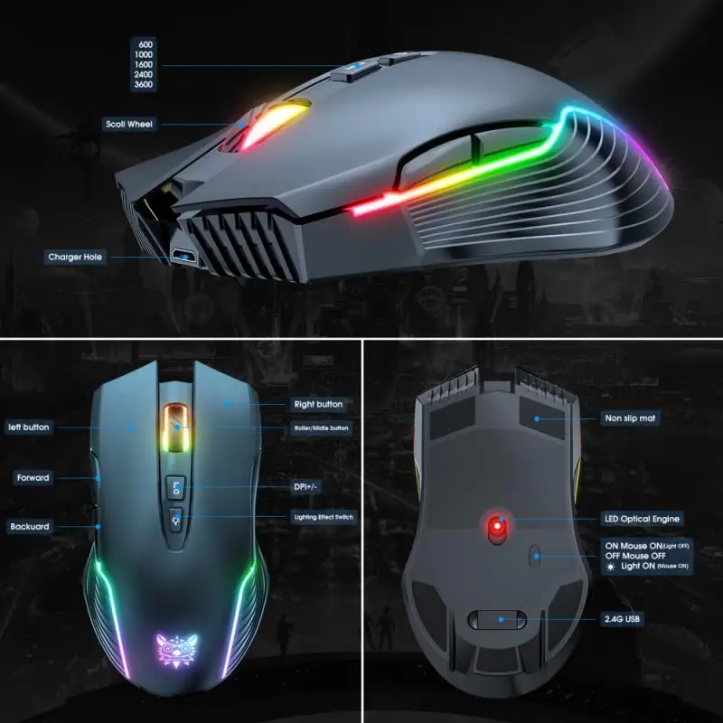 

2.4GHz 3600 DPI RGB Wireless Mouse Computer Mouse Silent Ergonomic Rechargeable With LED Optical Backlit USB Mice For PC Laptop