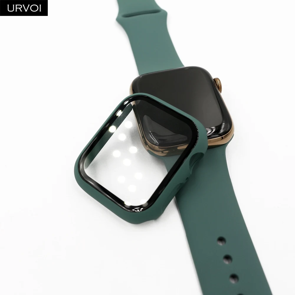 URVOI полное покрытие для Apple Watch series 5 4 3 2 Чехол 40 44 м матовый пластиковый бампер с закаленным стеклом для iWatch Pine Green band