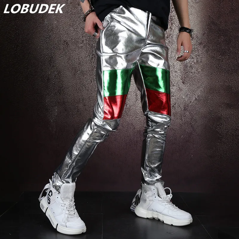 Bar Nightclub Male Rock Singer Silver PU Leather Pants Punk Style Faux Leather Long Pants Dancer Slim Trousers Stage Costume