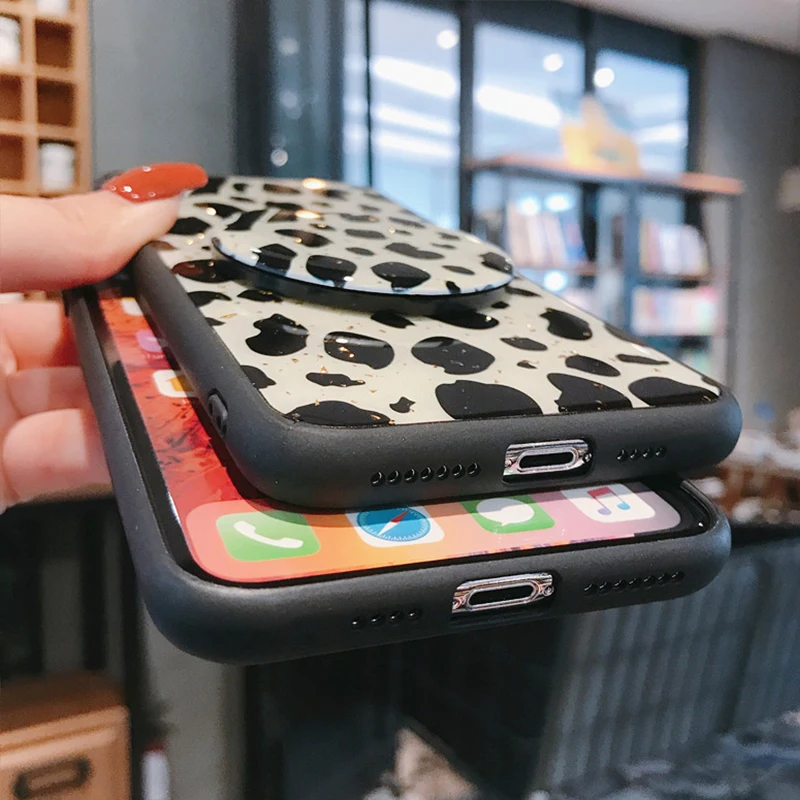 

Mirror Bracket Phone Cases for Samsung Galaxy S9 S8 S10 Plus Note 10 Plus Note 8 9 Plus Case Glossy Drop Glue Leopard Cover Etui
