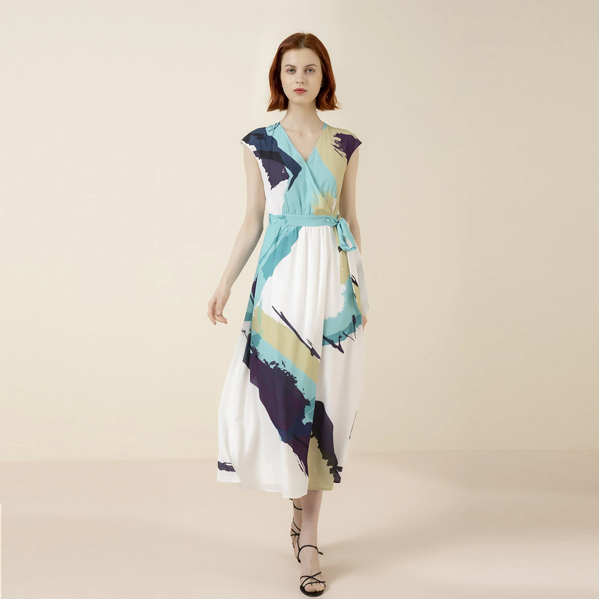 

Summer women's V-neck dress fashion pattern printing short-sleeved dress women's retro elegant dress over the knee long skirt 20