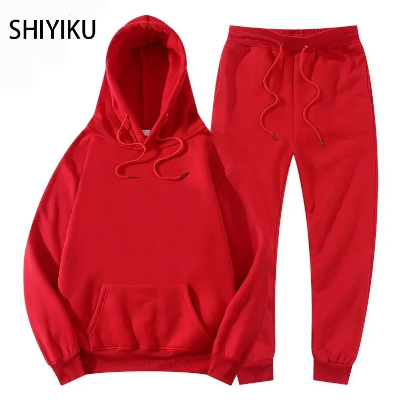 

SHIYIKU Winter Brand Men Fashion Fleece Red Hoodie Black Brand Pants Casual Jogger Suit Tracksuit Sweatshirt Woman Pullover