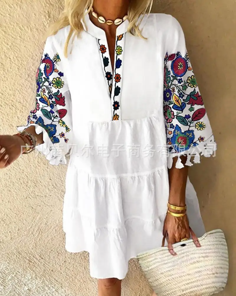 

WEPBEL Half Flare Sleeve Loose Casual Dress Women Mini Dress New Flower Printed V-neck Tassel