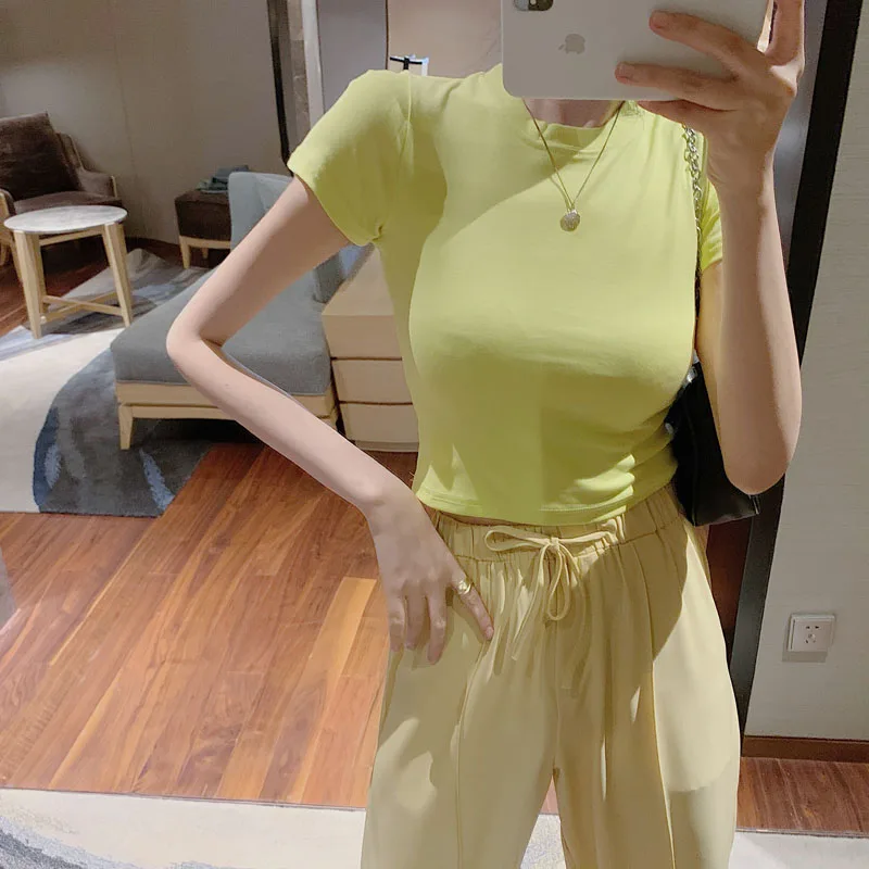 Корейский Chic все-матч облегающий Топ Однотонная одежда для похудения желтый