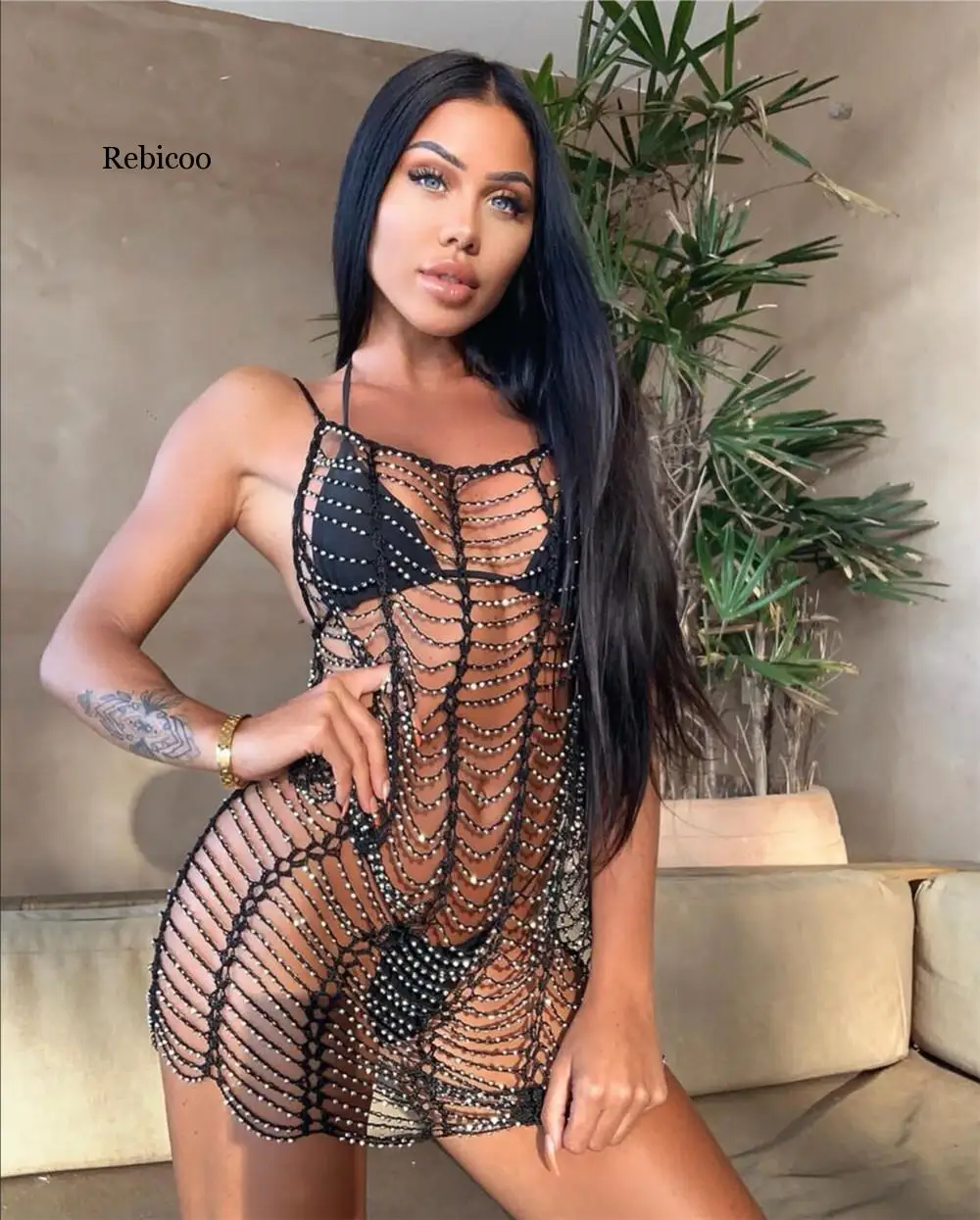 Женское Сетчатое мини-платье в пляжном стиле белое черное платье с U-образным