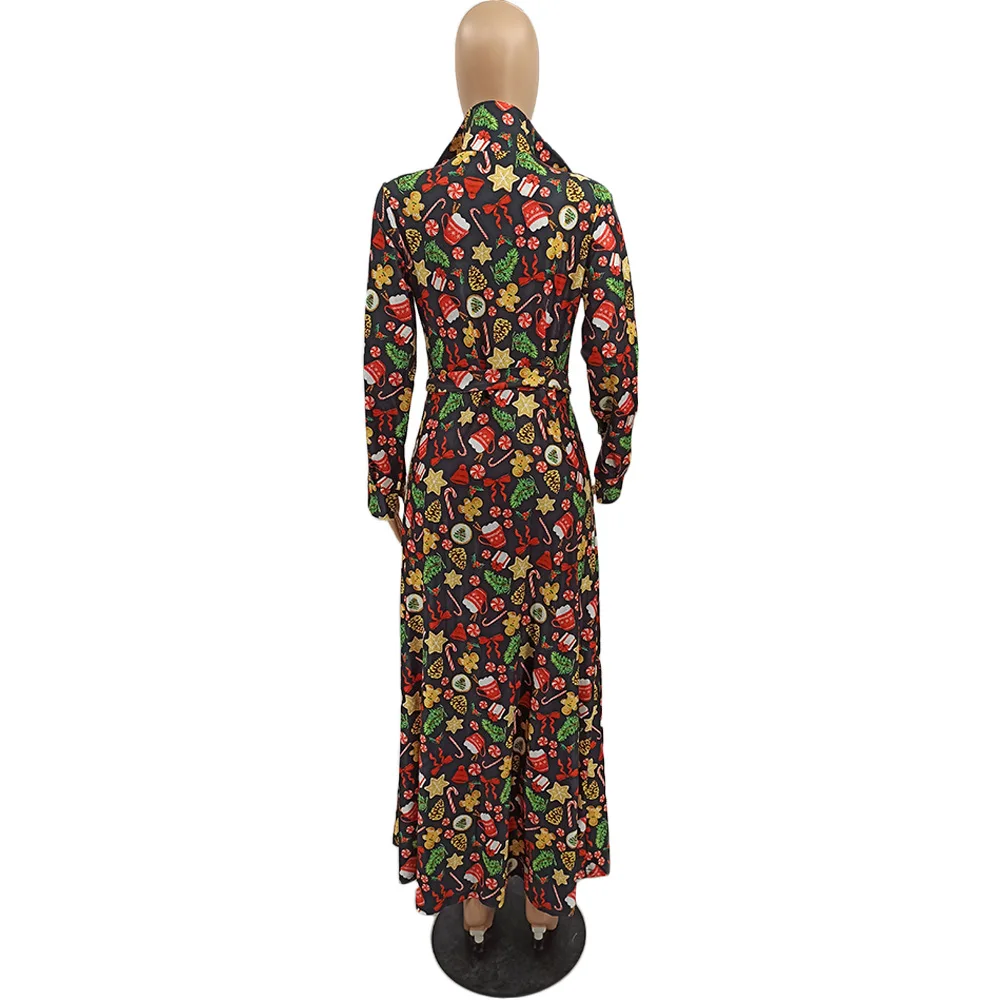 

Hot New Christmas Element Dresses Full Sleeve Deep V-Neck Black Green Robe Femme Plus Size Fashion Casual Multi Print Vestido