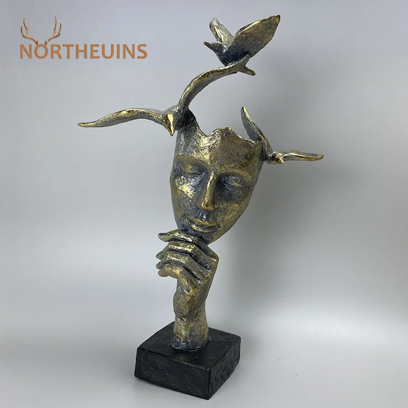 

NORTHEUINS 34cm Resin Abstract Thinker Mask Figurines Creative Bird Figure Statue Home Office Desktop Decorative Sculptures Gift