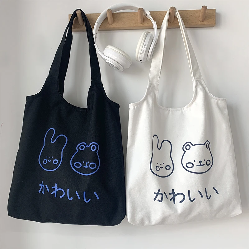 

Lady Fashion Cute Bunny Bear Print Shopping Bag Girls Canvas Bag Handbag Student Large Capacity Women Shoulder Reusable Handbag