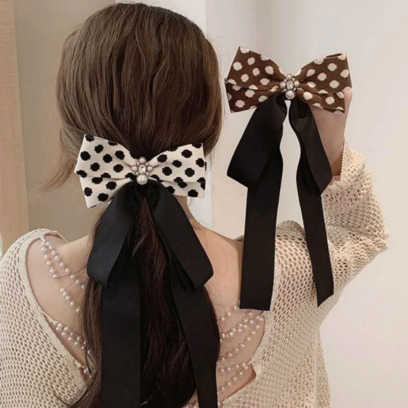 

Elegant Long Ribbon Lady Large Bow Hairpin Black White Dot Adorn Women Top Clip Headwear Maiden Back Brain Spoon Hairclip