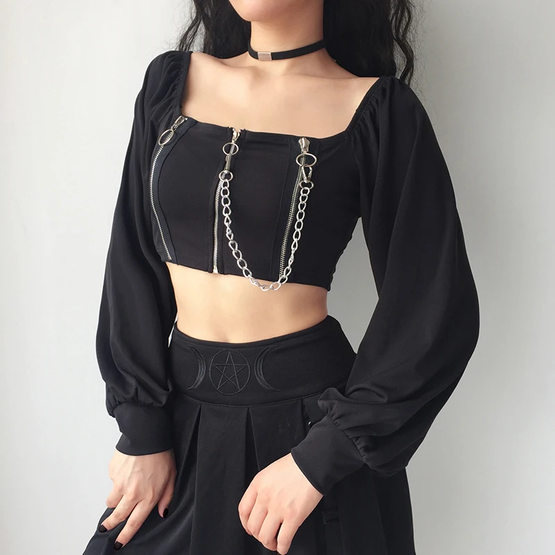 green bra ITOOLIN Women Y2k Chains Tees Dark Black Gothic Zipped Top Women Sexy Off Shoulder T-shirts Clubwear Long Sleeve Crop Tops Knit ladies bra