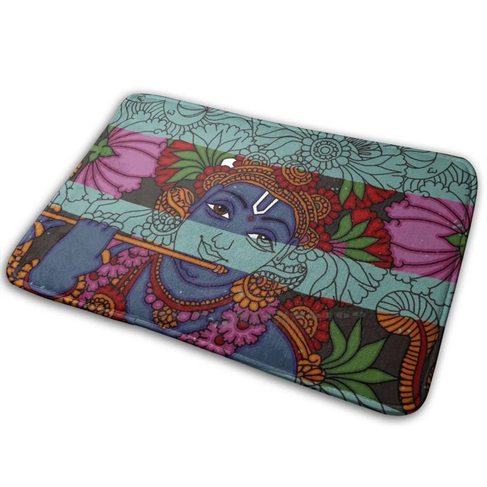 Харе Рама Кришна ковер-коврик противоскользящий для спальни и входной двери с Кришной Гопалой, Исконом и Вишну на нём.