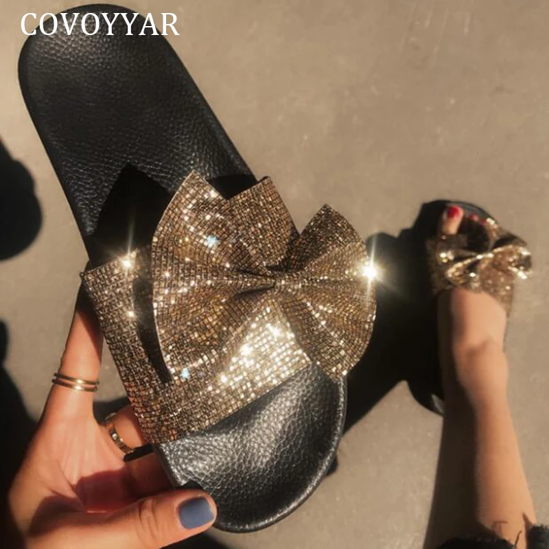 Covoyar/2020 Блестящие женские шлепанцы Сезон лето Золотистые на плоской подошве
