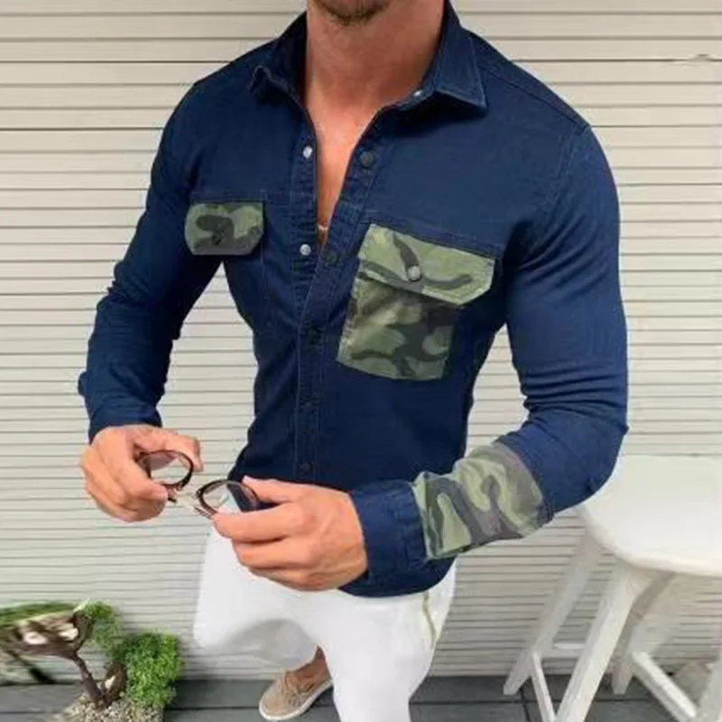 Новинка камуфляжная рубашка с принтом топы для мужчин сшитая джинсовая