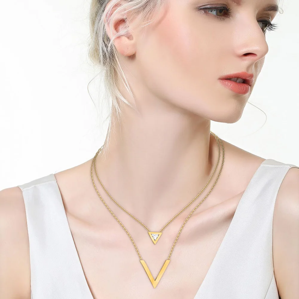 Ожерелье золотистого цвета из нержавеющей стали 316L с двойным V образным кулоном и