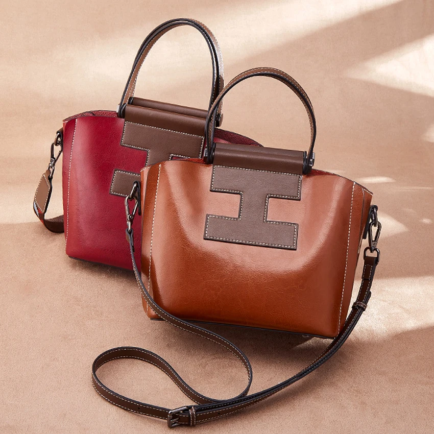 

2021 New Trendy Fashion Genuine Leather Women Bag Wide Shoulder Strap Bucket Bag Women's Messenger Bag Versatile Handbag