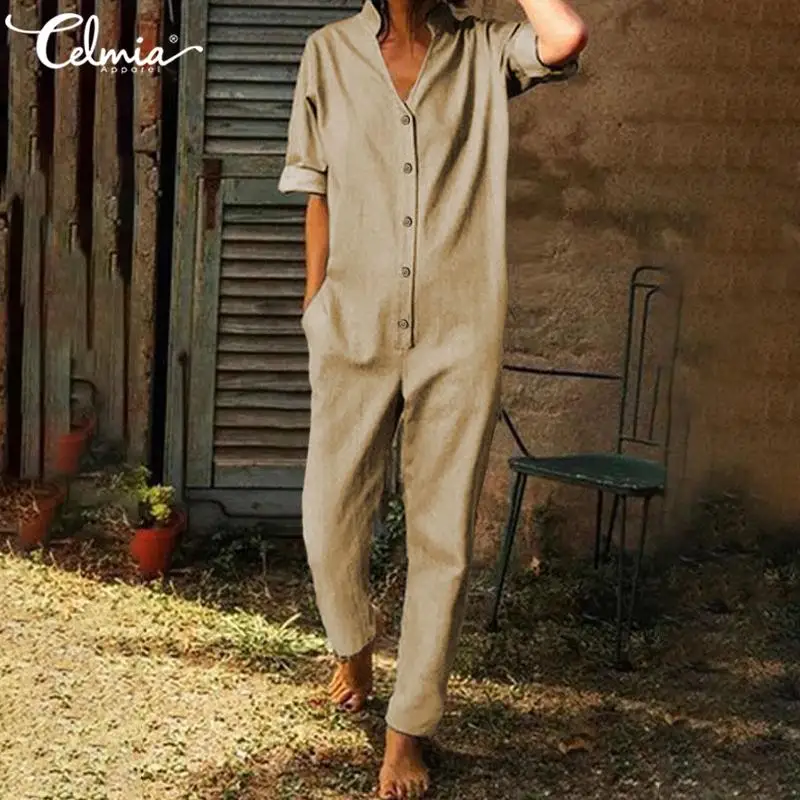 

Celmia Women Sexy V Neck Jumpsuit Fashion Long Sleeve Playsuit Casual Button Solid Harem Pants Oversized Overall Loose Rompers