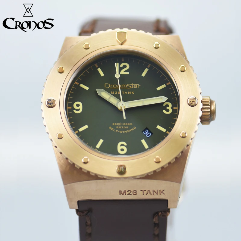 

Dreamstar Solid Bronze CuSn8 Diving Tank Men Watch Automatic 9015 Sapphire 20ATM Date Leather Strap