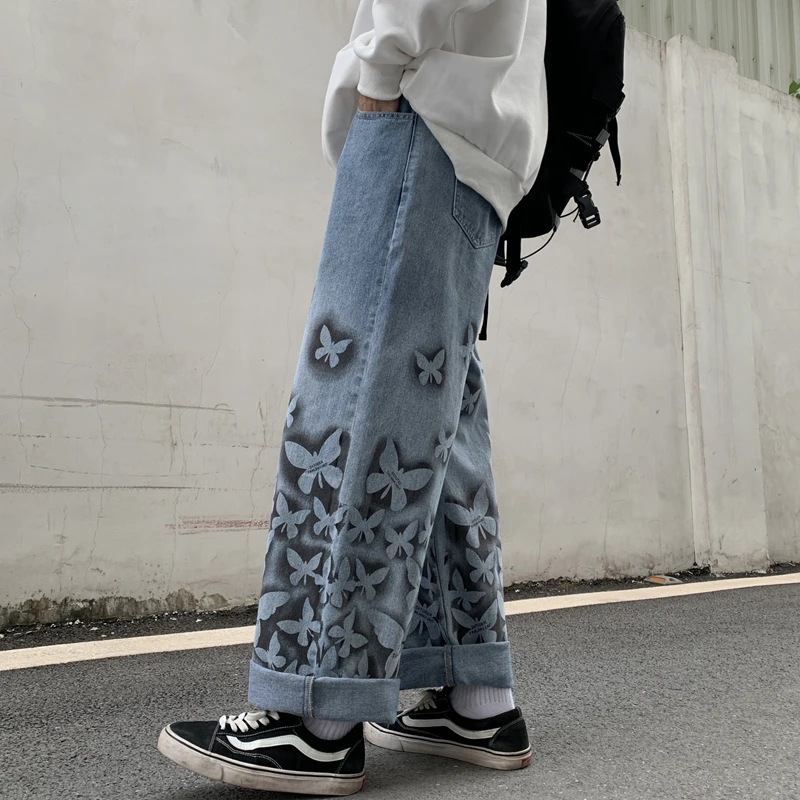 

SHENGPALAE Butterfly Printed Jeans Women's Spring 2021 New High Waist Wide Leg Straight Tube Loose Denim Pants Female 5B815