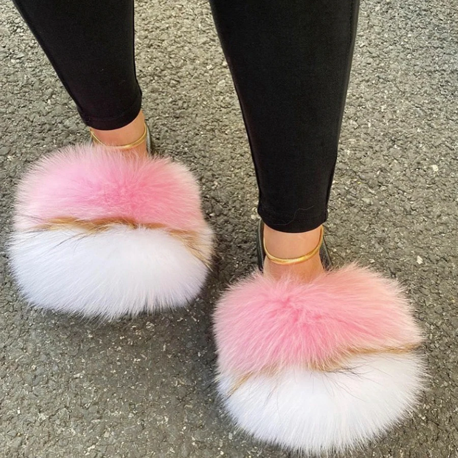 

Fluffy Sliders Women Slippers Summer Flats Sweet Ladies Shoes Female Furry IndoorReal Fox Fur Flip Flops