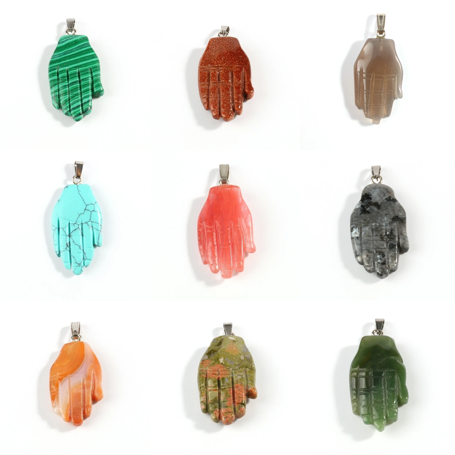 

Natural Stone Agates Tiger Eye Opal Hand Shape Pendants Charms for Necklaces Making Wholesale All Mixed Material Charms 12x54mm