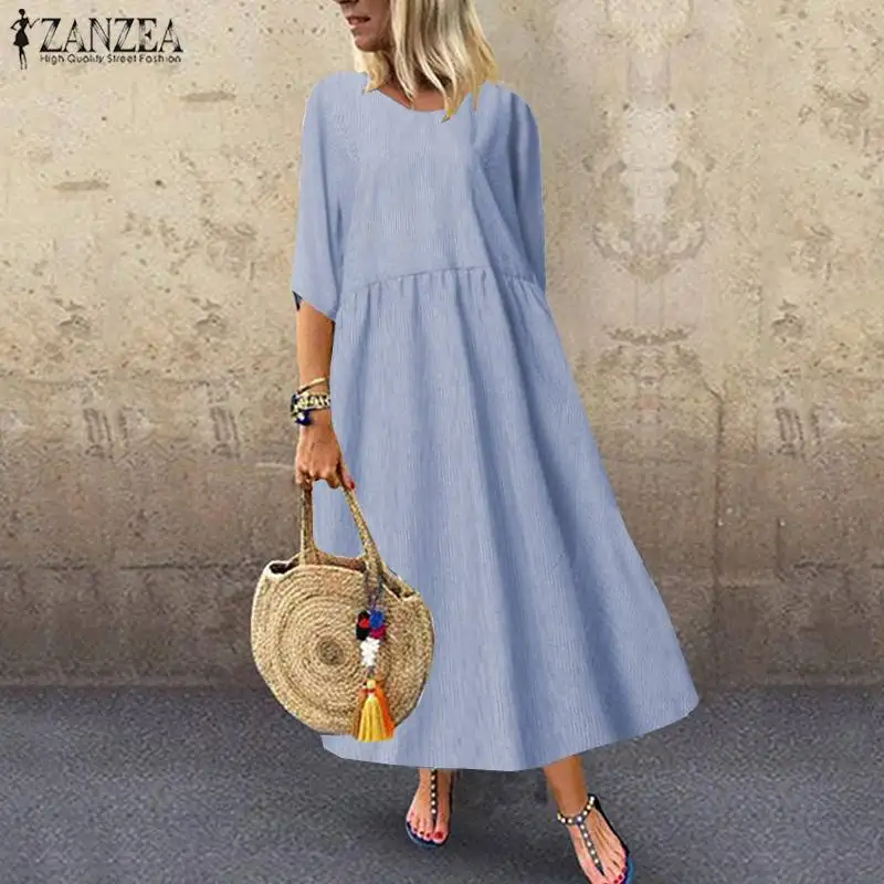 ZANZEA размера плюс Полосатое Платье женское повседневное длинное макси Vestidos винтажное летнее платье с круглым вырезом хлопковое льняное платье 5XL