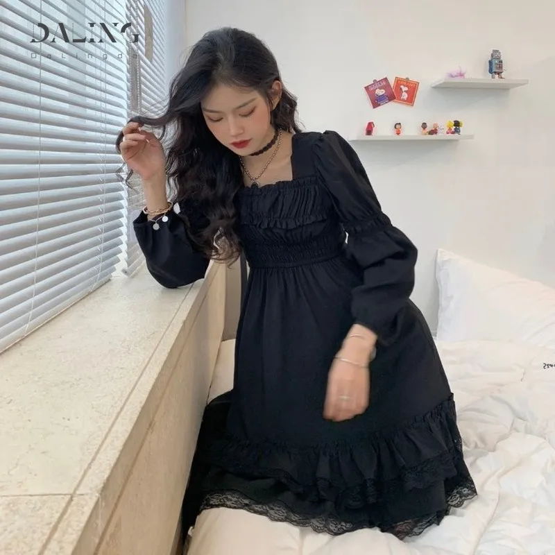 

2021 Japanese Lolita Style Dress Women High Waist Gothic Sleeve Lace Ruffle Retro Dark Lace Long Sleeve Dress