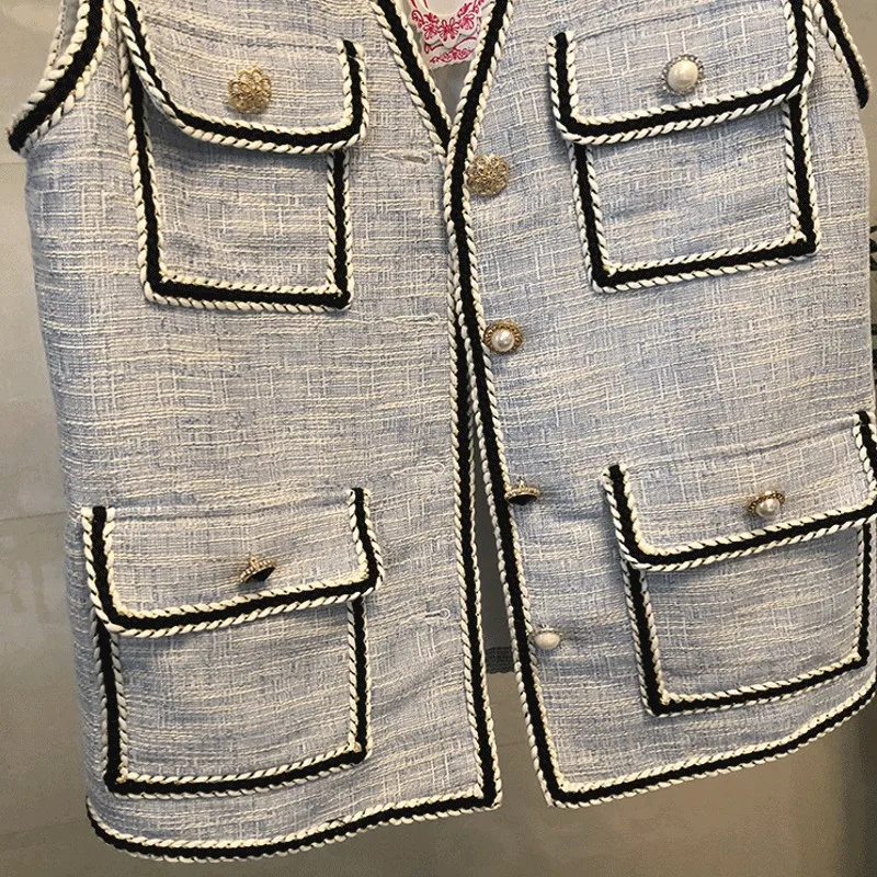 Женский твидовый жилет без рукавов однобортный приталенный в европейском стиле