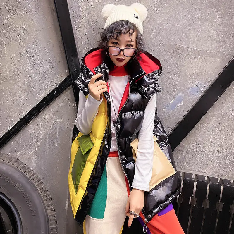 Фото Модная уличная одежда Женская пуховая хлопковая блестящая куртка жилет с
