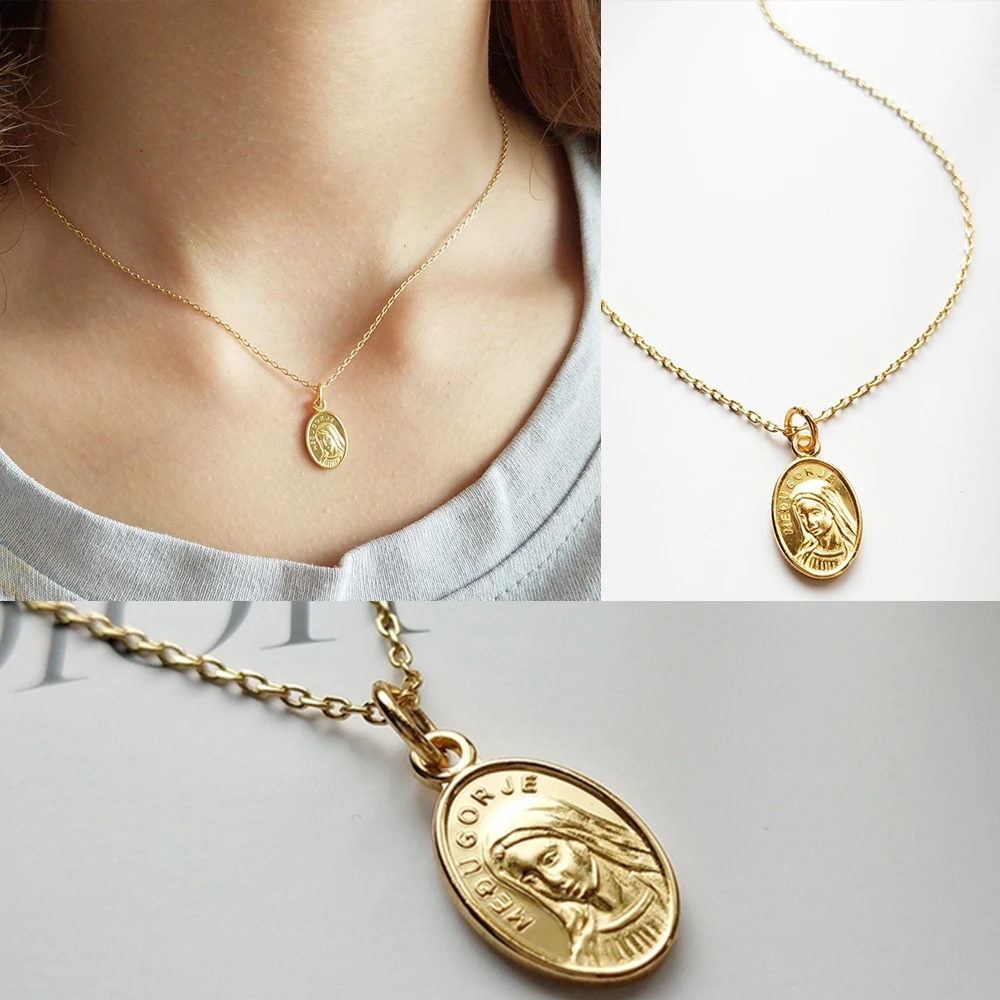 Portrait Gold Medallion Round Coin Pendant Choker Necklace Large Disc Necklace S925 Silver Personalized Necklace Boho Jewelry - Окраска металла: F1485