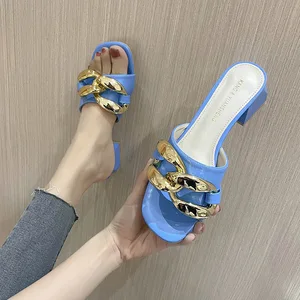 5cm Slippers Women's Outerwear Summer 2021 New Metal Chain No Heel Sandals Fashion Thick Heel High Heels Sexy Slides