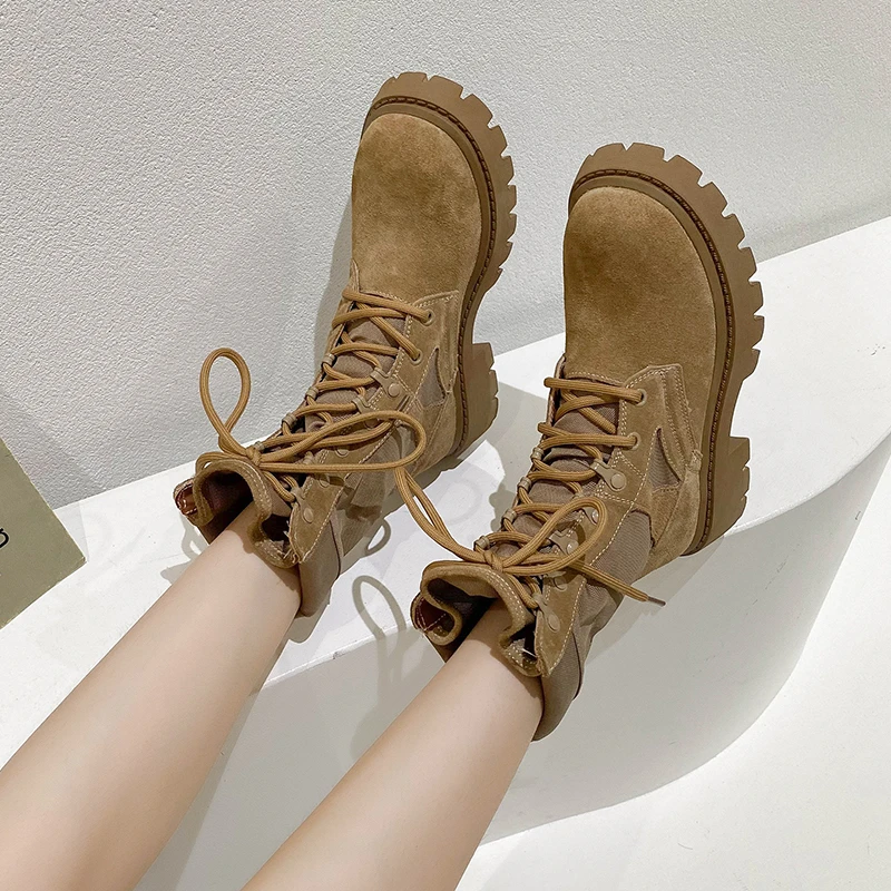 

Suede Martin Boots Platform Women Shoes Round Toe Ankle Boots Cross Tied Chunky Short Boots Women Black Brown Femmes Bottes