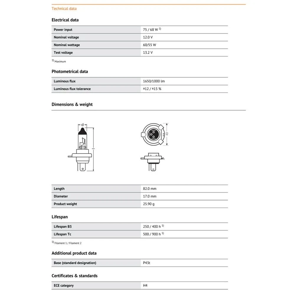 OSRAM H4 галогенные лампы 55 Вт 64193 100 62204 P43t базовые 3200K Желтые стандартные
