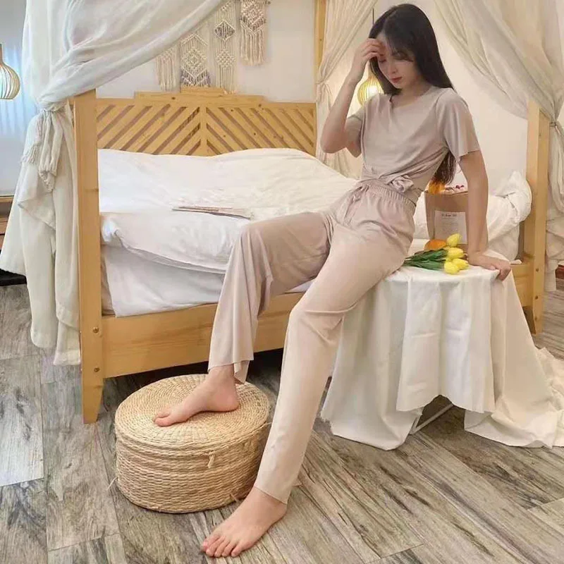 New Women's Pajamas Suit Soft Home Wear Soft Comfortable Loose Short Sleeve Trousers Sleepwear Two Piece Set Nightwear