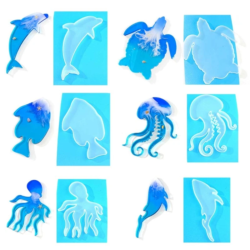 

6Pcs Marine Organism Coaster Silicone Resin Molds Sea Turtle Dolphin Fish Octopus Tea Mat Ocean Coaster Molds Kit Tools