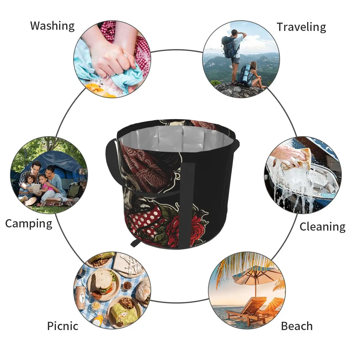 

Collapsible Wash Basin Woman Skull Washbasin Travel Fishing Hiking Outdoor Camping Protable Folding Bucket Water Container