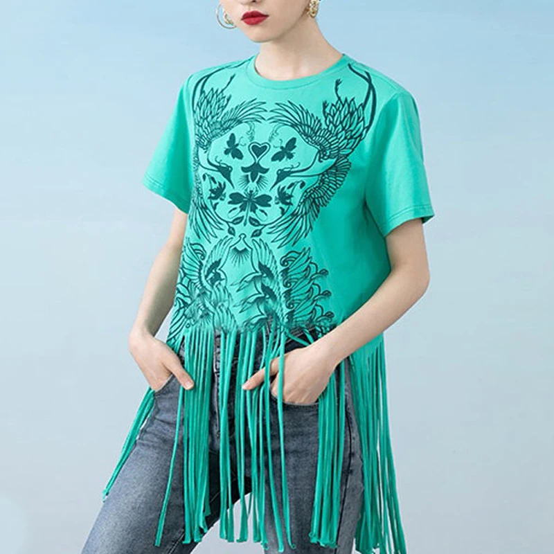 

Tassel Print Short Sleeve Summer T Shirt Women Cotton Tops Korean Fashion Tee Female Aesthetic Harajuku Blue T-shirt 2021 New