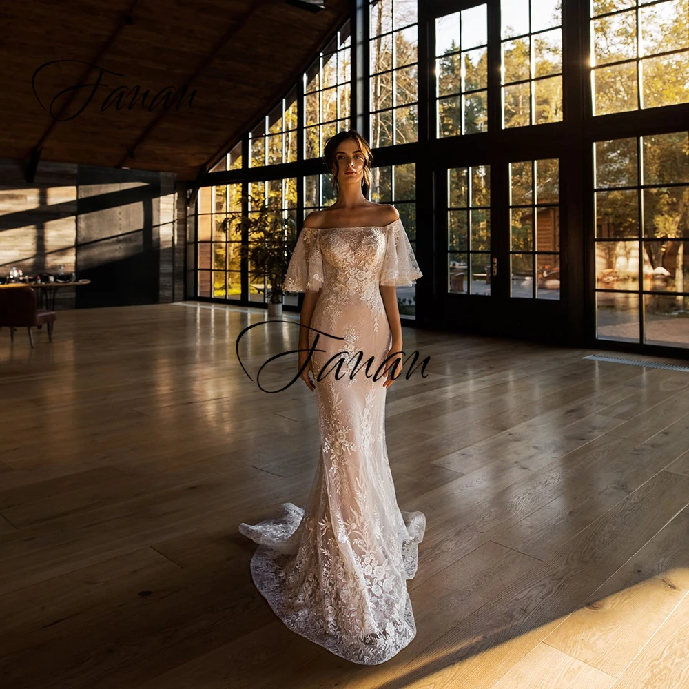 

Boat Neck Ruffles Sleeve Mermaid Wedding Dresses Lace Appliques Sweep Train Bridal Gown vestido de noiva Свадебное платье