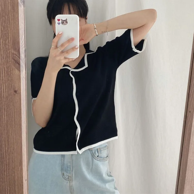 

KUSAHIKI Contrast Color Thin Knitted Cardigan Korean Turn-down Collar Short Sleeve Knitwear Elegant 2021 New Knitted Tops 6G499