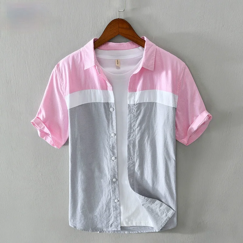 

Short Sleeve Summer Shirts Men Turn Down Collar Pockets Patchwork Japan Minimalist Casual Cotton Shirts Comfortable Thin Tops