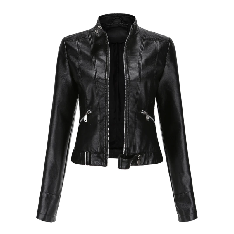 

Women Faux Leather Jacket Ladies Solid With Belt Zipper Biker Coat Female Casual Pu Leather Jackets Spring Autumn Outwear 2023