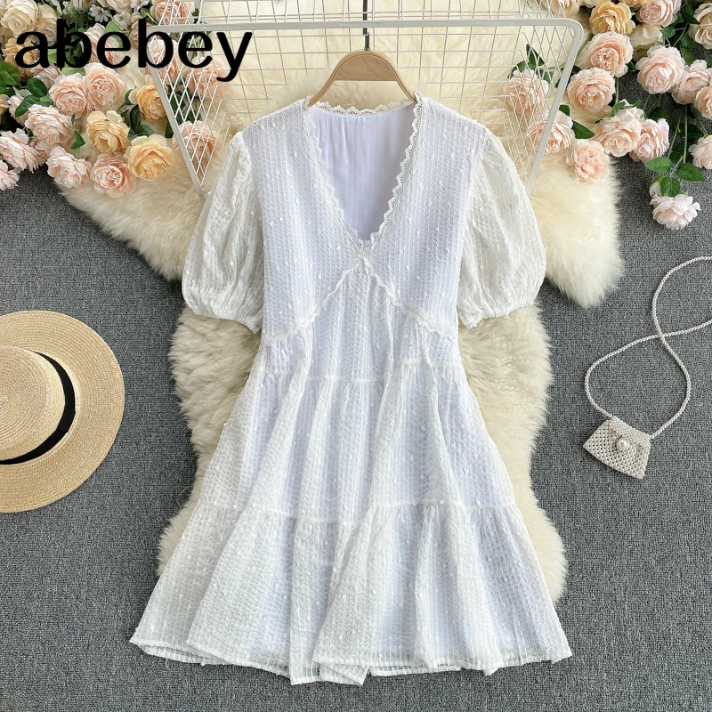 

Women Sweet French Lace Dress V Neck Short Sleeve Sashes A-line Dresses Summer Fashion Streetwear Midi Dress