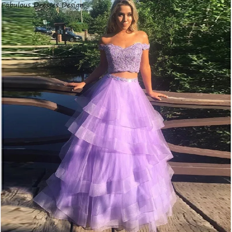 

Lavender Two Pieces Prom Dresses 2020 Off The Shoulder A Line Vestido Applique Lace Crystal Long Evening Dress Party For Women